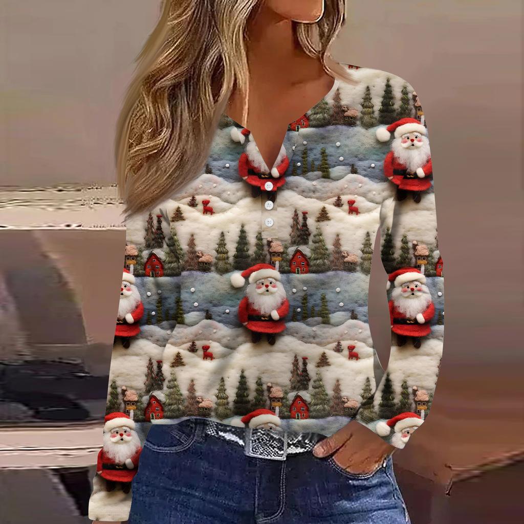 Женская модная повседневная футболка с V-образным вырезом, на пуговицах, с длинным рукавом, с рождественским принтом