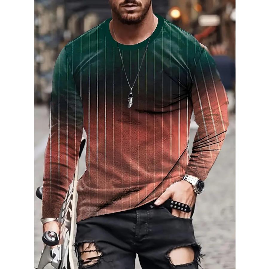 Gradient Color Stripe Long Sleeve Novelty Crew Neck T-Shirt Soft Slight Stretch Polyester Contrast Collar All Over Print Design