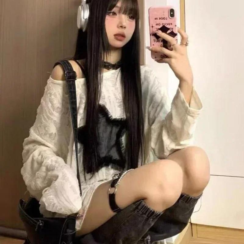 2KWEIRD Гранж Футболка с дырками Женская Мода Принт Звезда Y2k Эстетика Свободные Футболки Kpop Fairycore Рваная Футболка Харадзюку Готика Уличная Одежда