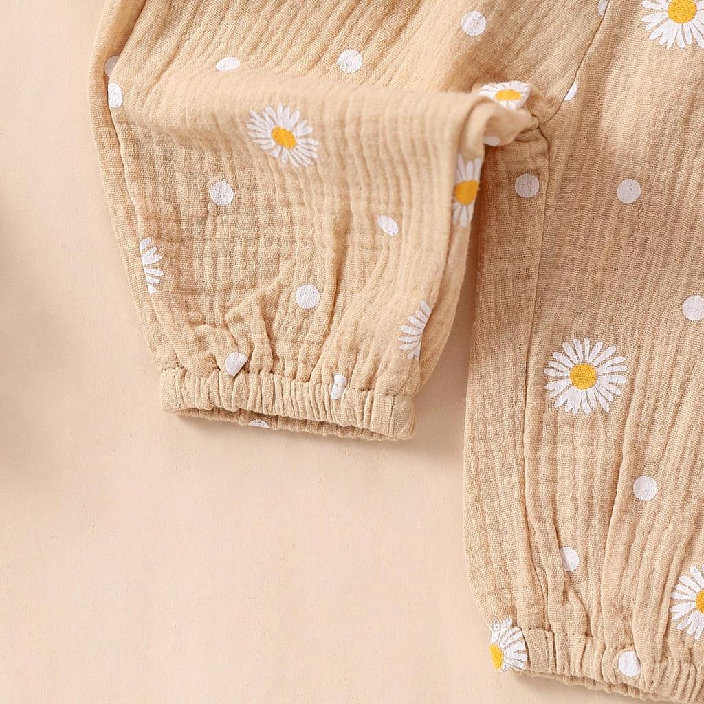 Baby Girls 3PCS Pants Sets White Long Sleeve Ruffle Romper Daisy Print Belted Pants Headband Sets