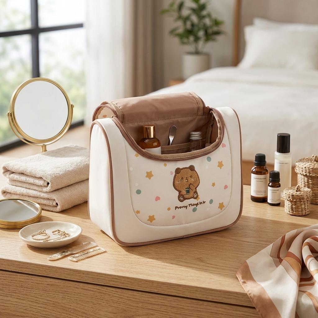 Travel Toiletry Bag Hanging Storage Embroidery Design Portable Cosmetic Bag Waterproof Polyester