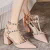 Temperament Wind! Rivet Sandals Spring Thick Heel Pointed High Heels Women's Hollow Nude Single Shoes