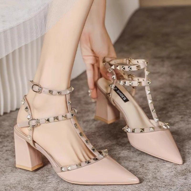 Temperament Wind! Rivet Sandals Spring Thick Heel Pointed High Heels Women's Hollow Nude Single Shoes
