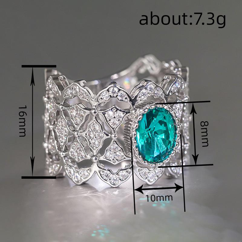 Imitation jadeite temperament flash ring women, rhombus metal hollow jewelry, magazine high luxury