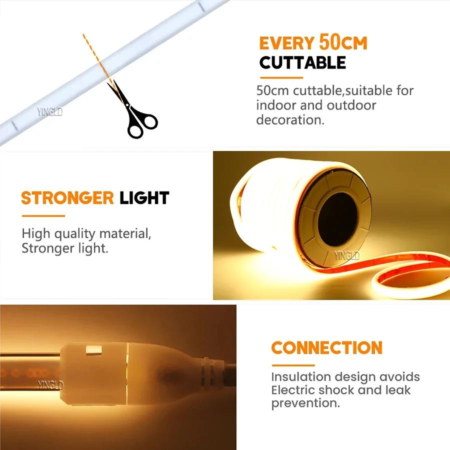 High Bright 220V COB LED Strip Light 110V Switch/Dimmable RA90 Flexible Neon Tape Kitchen Cabinet Lighting Waterproof Garden