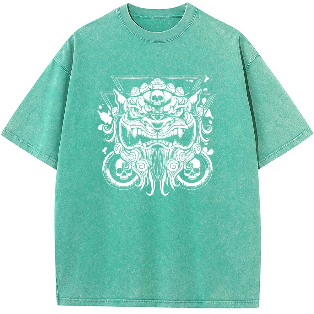 Танцующая голова льва Мужская повседневная футболка с коротким рукавом Выстиранная состаренная футболка высокого качества Горячая распродажа Студенческий топ Футболки