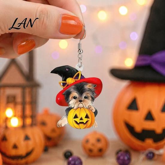 Cute Halloween Gift for Her Witch Hat Puppy Earrings, Dog Pumpkin Drop Fashionable Acrylic Earrings Lightweight Jewelry, Accessories Women Girls