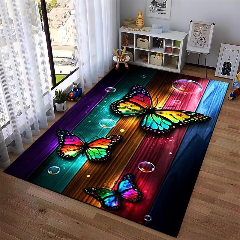 Colorful Butterfly Pattern Carpet with Wooden Background Design Suitable for use as an anti-slip for living room bedroom sofas