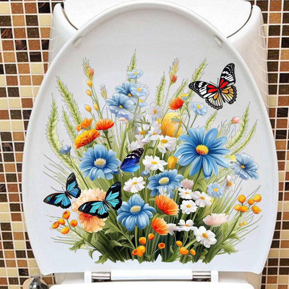 Easy To Paste Butterfly Flower Removable Stickers Mildew-proof Toilet Lid Decals Wall