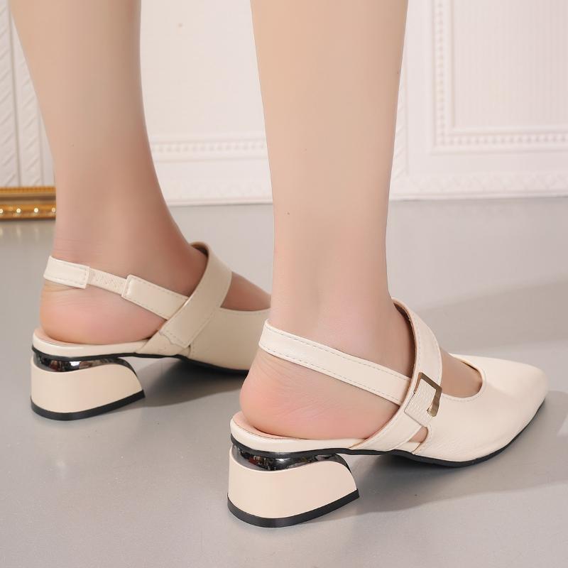 Летняя женская обувь, модные однотонные женские сандалии Baotou с острым носком и квадратным каблуком, с пряжкой в ​​одно слово