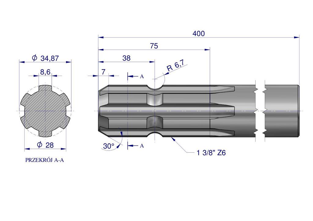 Wałek, Wom Frezowany Jednostronnie 400Mm Z6 - 1 3/8, Waryński