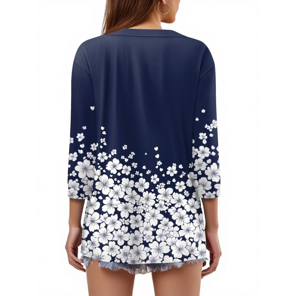 Жен. Футболка С принтом Пуговицы Рукав 3/4 Повседневные Выходные Мода Классический Классический V-образный вырез Обычный Верх