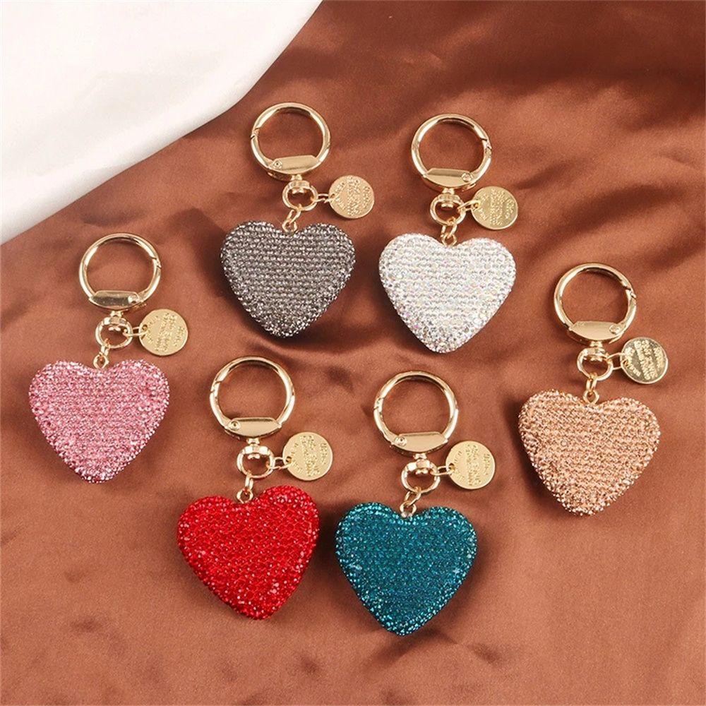 Rhinestone Backpack Pendant Metal Love Heart Keychain Key Ring Crystal Keyring Keys Holder