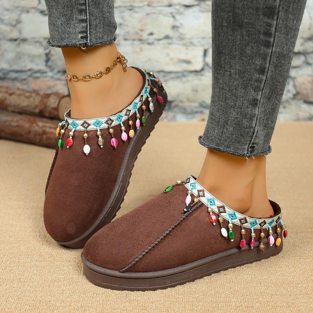 Fashion Bohemia Fringed Decoration Cotton Slippers Women 2025 Winter Comfort Thick Bottom Non Slippers Warm Short Plush Slides Size36-44