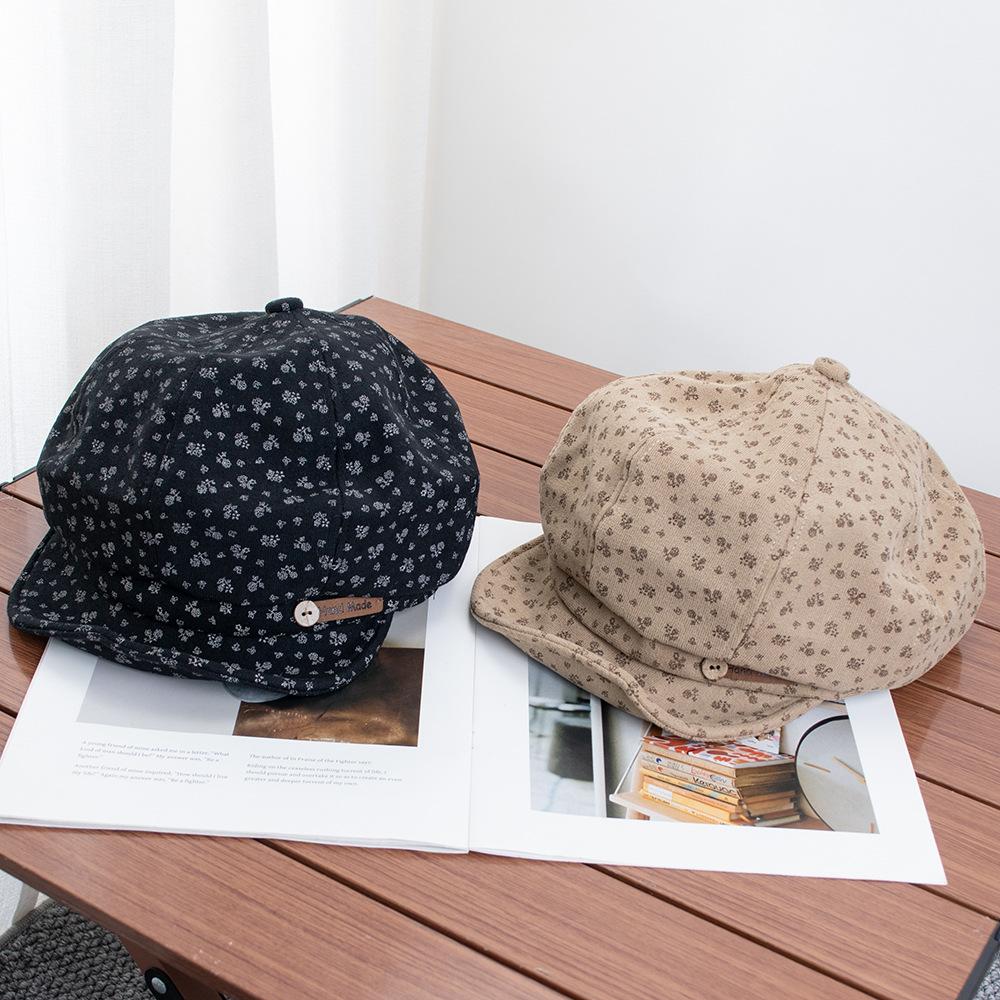 Retro literary and artistic small floral soft-brimmed octagonal hat female autumn and winter face small newsboy hat pastoral beret