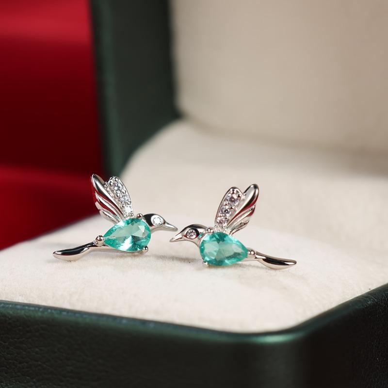 Delicate 925 Sterling Silver Mint Green Zircon Hummingbird Stud Earrings for Women Party Jewelry Gifts