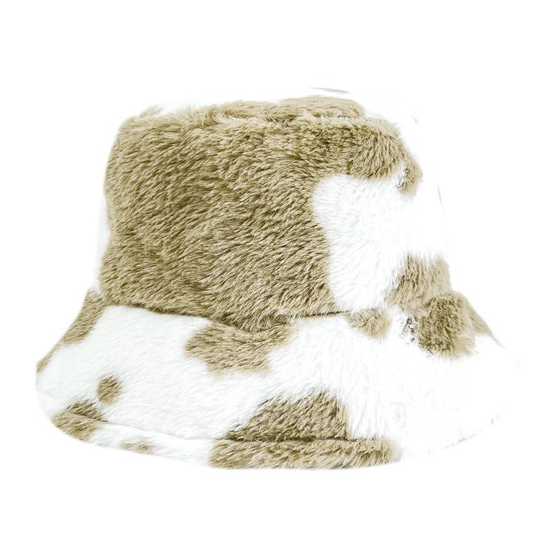 Autumn and Winter Hat Female Sweet Cute Cow Plush Bucket Hat Big Head Circumference Warm Thickened Plush Basin Hat Bucket Hat