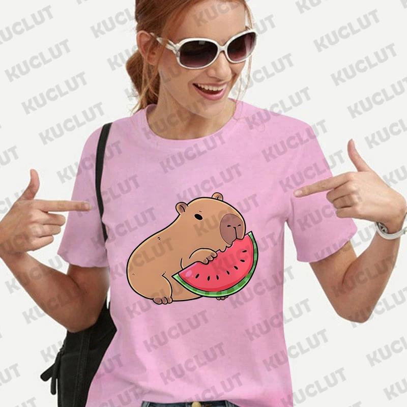Cute Capybara Anime Women's T-shirt Casual Ulzzang Short Sleeve Tees Cartoon Graphic Y2K Tops Female Blouse Aesthetic Clothing