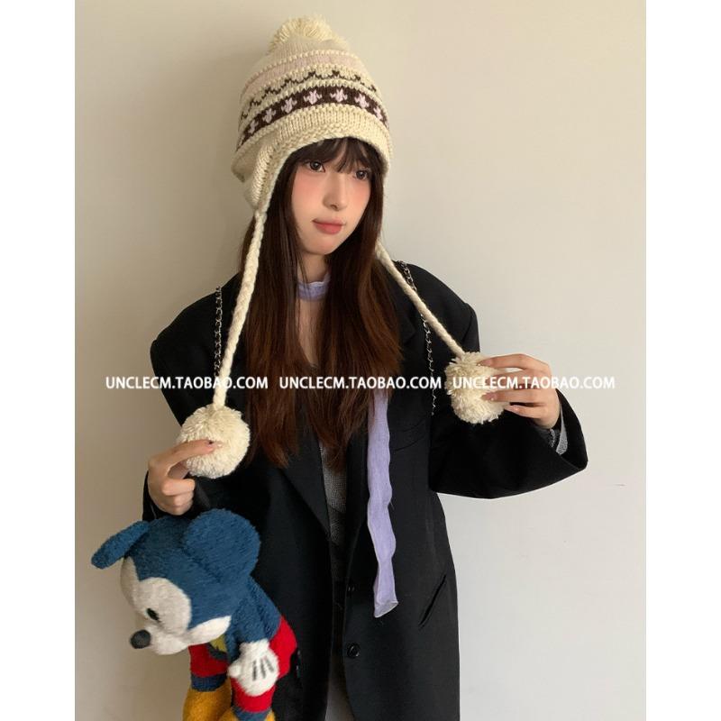 Women S Fair Isle Knit Earflap Hat With Pom Pom Cute Winter Hat