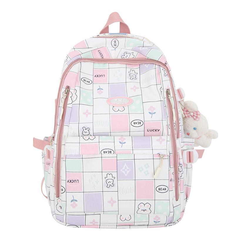 Ins Style Girls' Nylon Large Capacity Backpack For School Students Cartoon Cute Flower Pattern Grid Element