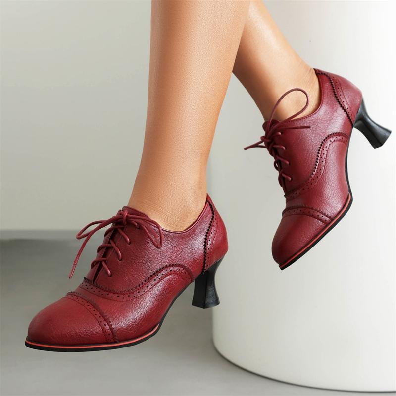 Fashion Vintage Low Short Heels Pumps Loafers Shoes Blue Red Black Women's Heeled Lace-up Casual Party Office Shoes Large Size 45 50