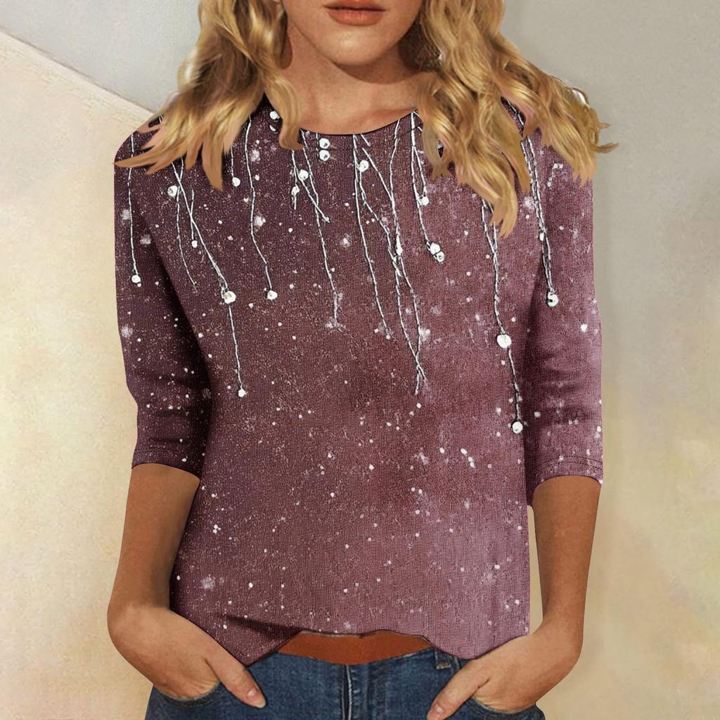 Женская мода повседневная три четверти рукава цветочный принт горловина топ