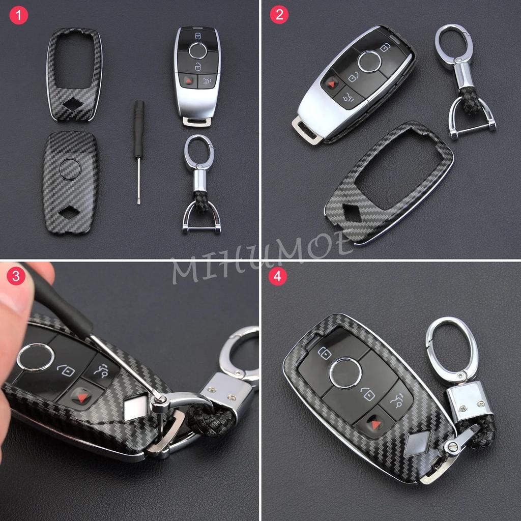 Carbon Fiber Car Key Case Cover Chain for Mercedes-Benz A B C E S G CLS GLB GLC GLE CLA W177 W247 W213 W205 W222 X253 X247 V167