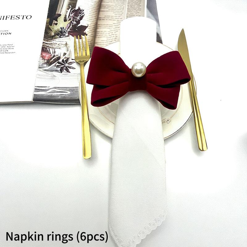 6pcs Festival Banquet Wedding Napkin Rings Luxury Velvet Bow Pearl Table Decoration Restaurant Decoration Tableware Accessories