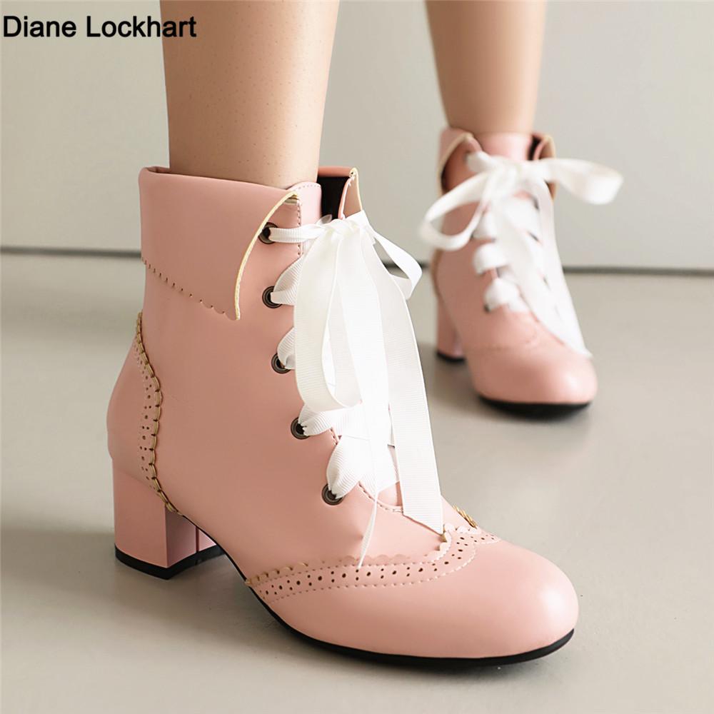 Мода 2025Новые женские туфли на шнуровке на квадратном высоком каблуке Ботильоны на шнуровке Ретро Женские с острым носком на толстой подошве Короткие ботильоны Белые Черные