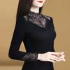 Женская кружевная рубашка с высоким воротом и новой черной футболкой, а также утолщенный сетчатый топ из бархата с длинными рукавами