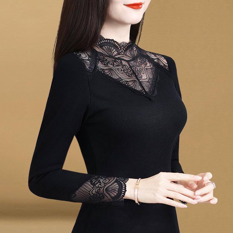 Женская кружевная рубашка с высоким воротом и новой черной футболкой, а также утолщенный сетчатый топ из бархата с длинными рукавами
