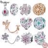 BAMOER 925 Sterling Silver Crystal Rose Flower Tulip Flower Charms Magnolia Flower Cerise Beads DIY