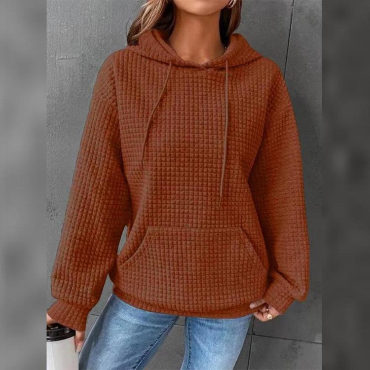 Plaid Pullover Jacket Women Long Sleeve Solid Color Hoodie with Pocket Round Neck