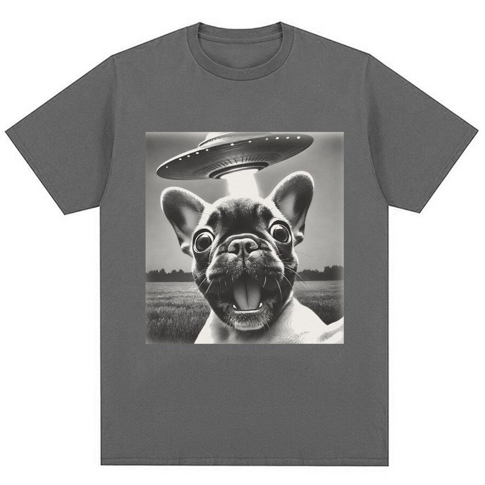 French Bulldog UFO Funny Meme Graphic T-shirt Vintage Fashion Men Women Short Sleeve Oversized Cotton Summer T Shirts Streetwear