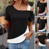 Women Tops Off-Shoulder Loose Fit Tops Short Sleeve Tee Skew Collar Patchwork Color Casual T-shirt