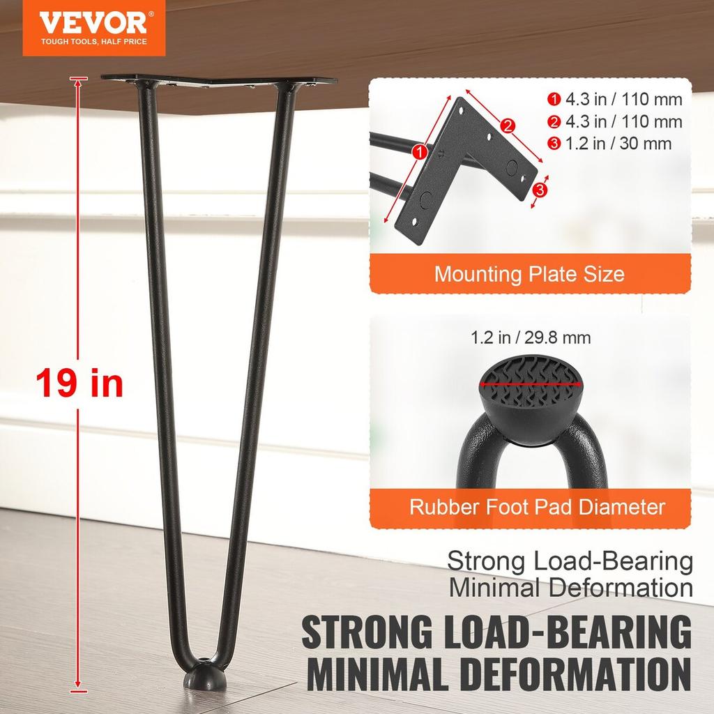482.6MM Hairpin Furniture Legs, Metal Home DIY Projects for Nightstand, Coffee Table, Desk, 226.8KG Load Capacity with Rubber Floor Protectors, Metal