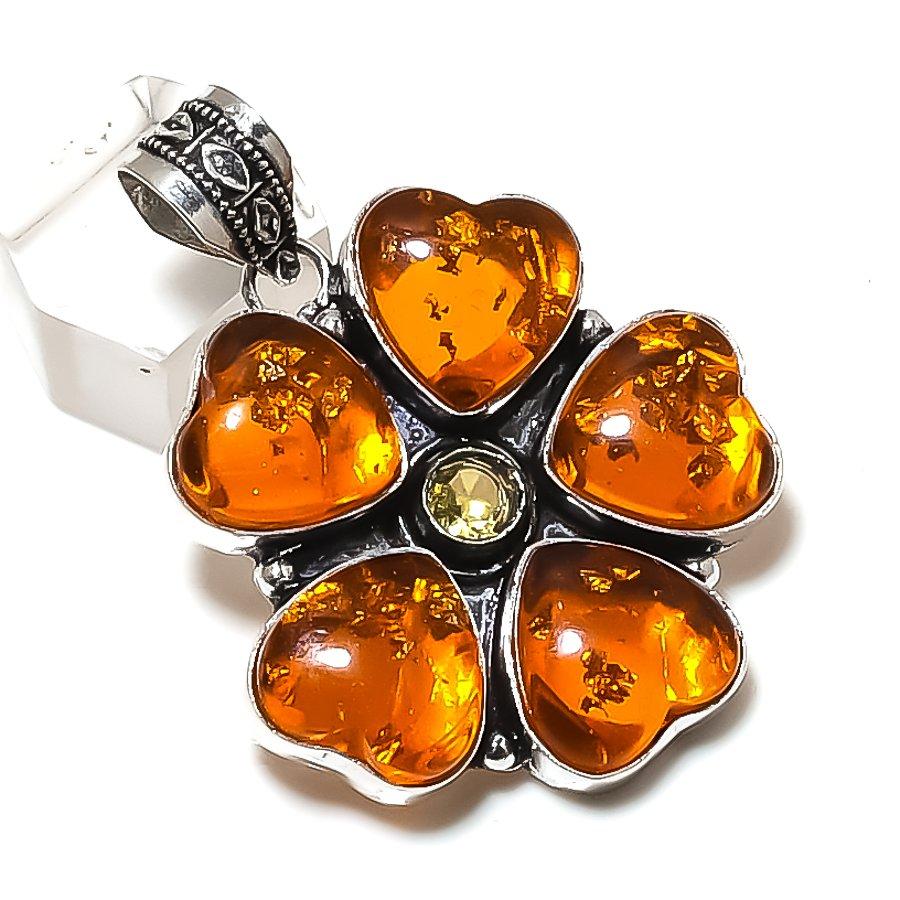 Baltic Amber, Citrine Gemstone 925 Sterling Silver Jewelry Pendant 2.64"