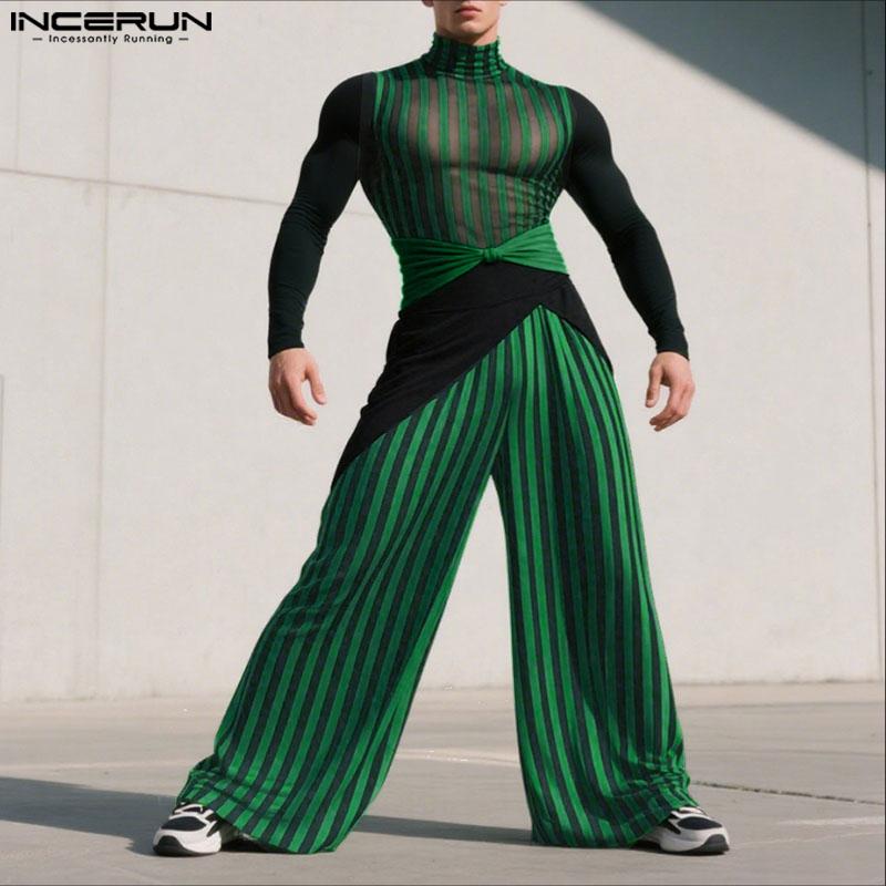 INCERUN Two-piece Men Long Sleeve Striped Mesh Sheer Bow Tops and Pants Sets