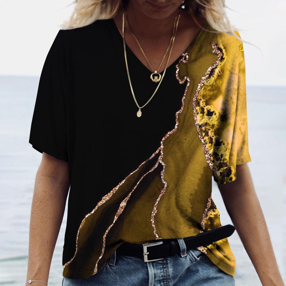 Женская футболка с 3D принтом и градиентом, одежда для девочек, блузка большого размера с v-образным вырезом, летний пуловер в стиле Харадзюку с короткими рукавами, женские повседневные топы