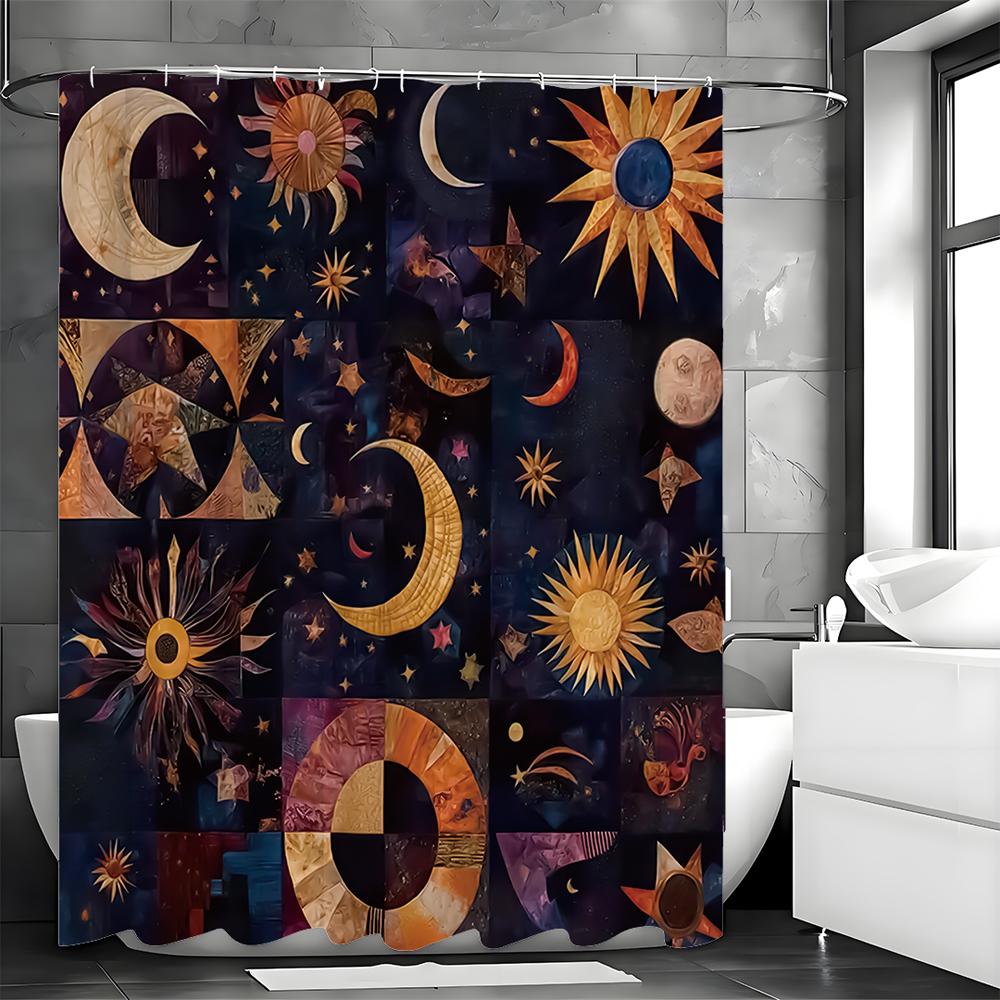Sun Moon Geometric Collage Shower Curtain, Bathroom Decorative Shower Curtain, Waterproof Shower Curtain with Hooks