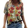 Women's V-Neck Short Sleeve Blossoming Flowers Printed Tops Loose T-Shirt Casual Blouse