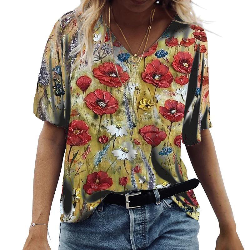 Women's V-Neck Short Sleeve Blossoming Flowers Printed Tops Loose T-Shirt Casual Blouse