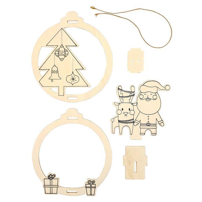 Suspension Scène de Noël en bois motif Père Noël 10,5 x 11,5 cm