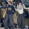 Girls' Autumn 2025 Sporty Two-Piece Set: Letter Drawstring T-shirt & Plaid Pants (Size 7)