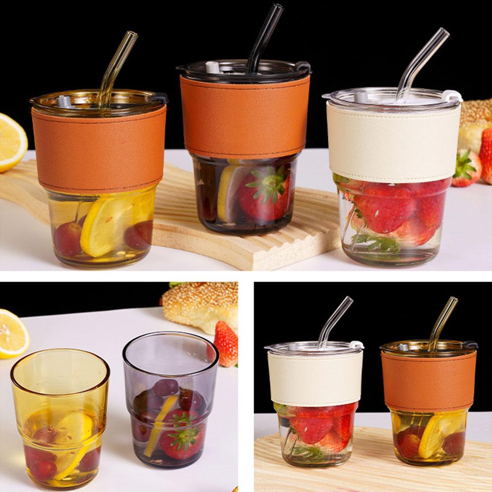 13oz/400ml Tumbler Water Bottle,Sealed Coffee Cups with Straw Lid,Thick Wall Insulated Glass Latte Cup,Amber for Iced Tea Juice