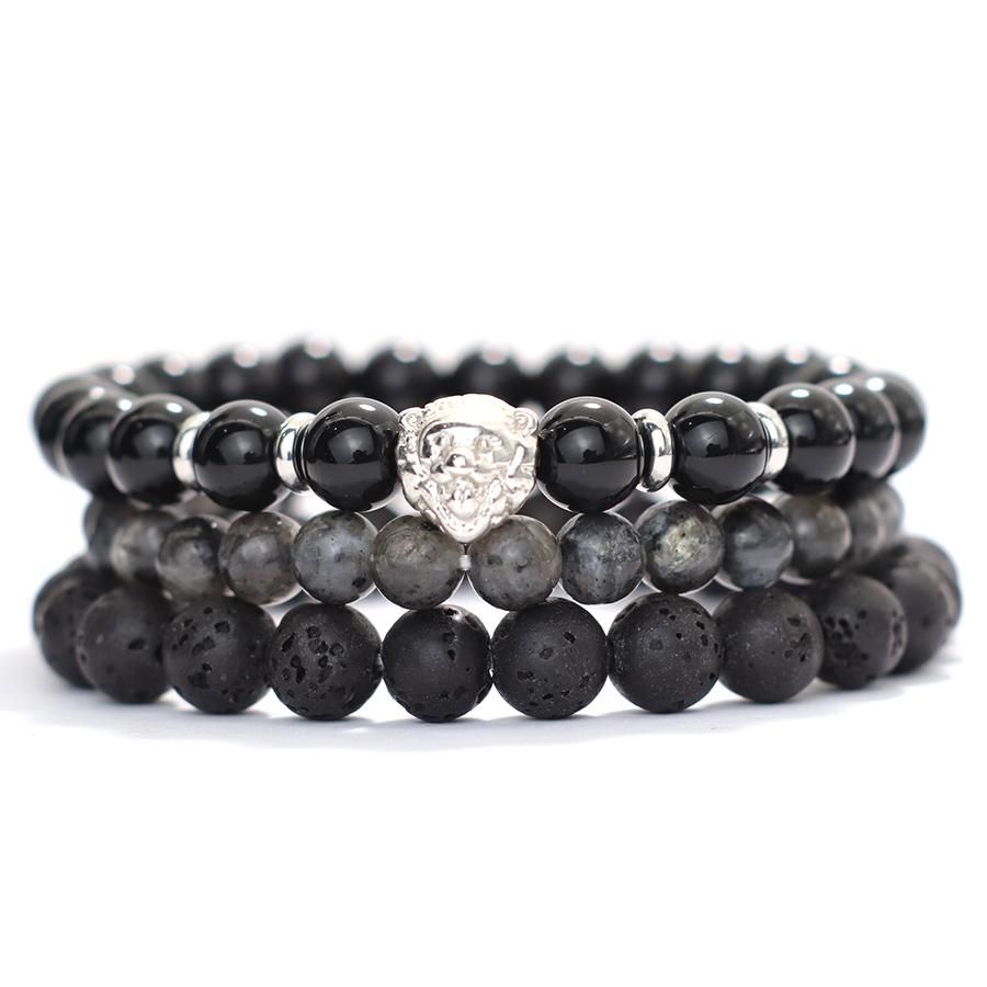 3 шт. бусины, нанизанные на бусины Будды, браслет для мужчин и женщин, крутые аксессуары в виде головы льва, черные блестящие бисерные украшения для рук из лавового камня для мужчин