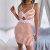 Spring Summer Sexy Solid Color Contrast Stripe High Waist Knitted Strap Wrap Hip Dress
