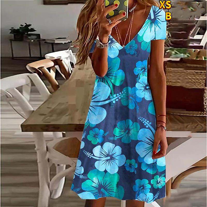 Летнее модное платье с v-образным вырезом, женское платье с коротким рукавом и красным цветочным принтом, свободное повседневное платье для женщин
