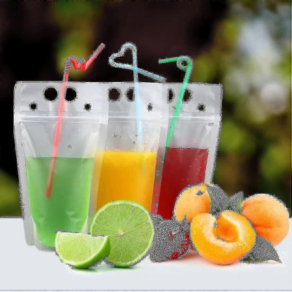 100 Pcs Drink Pouches With 100 Straw Holes Translucent Reclosable Zipper Plastic Pouches - RiRi