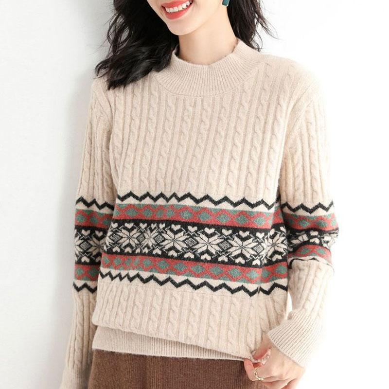 New Autumn and Winter Fashion Trend Retro Ethnic Style Half High Neck Loose Versatile Casual Age Reducing Women's Knitted Sweate